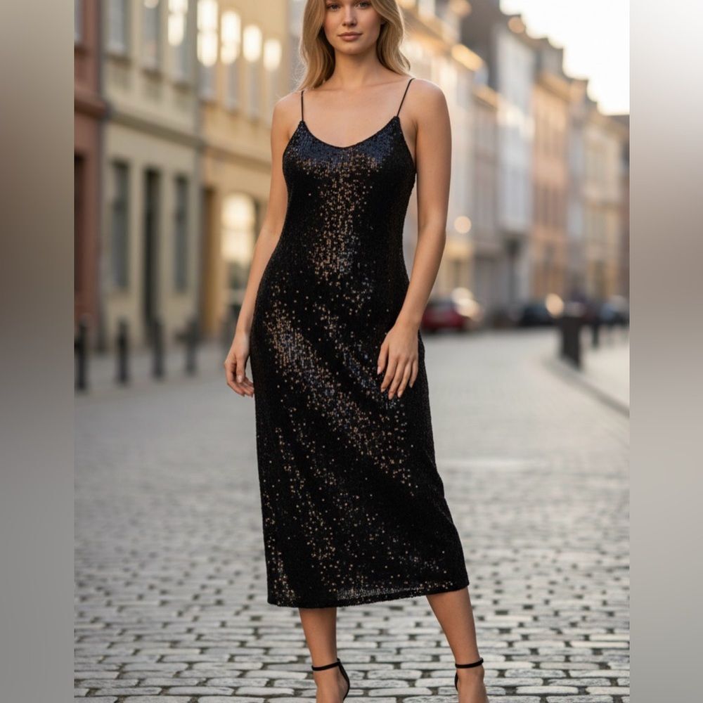 Cable & Gauge Sequin Black Midi Dress Night Luxe Event Gown S